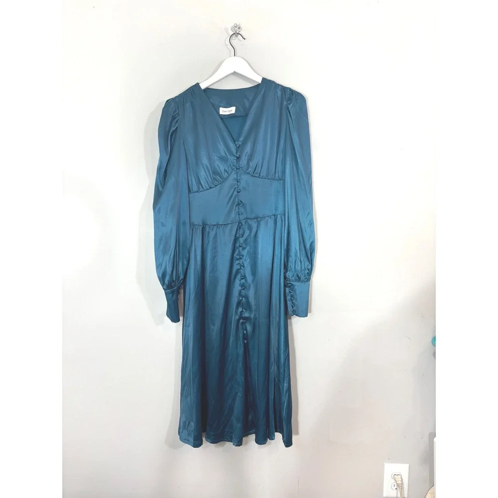 Colon Diana Teal Satin Bishop Sleeve Button Front Midi Dress Womens - Picture 4 of 16